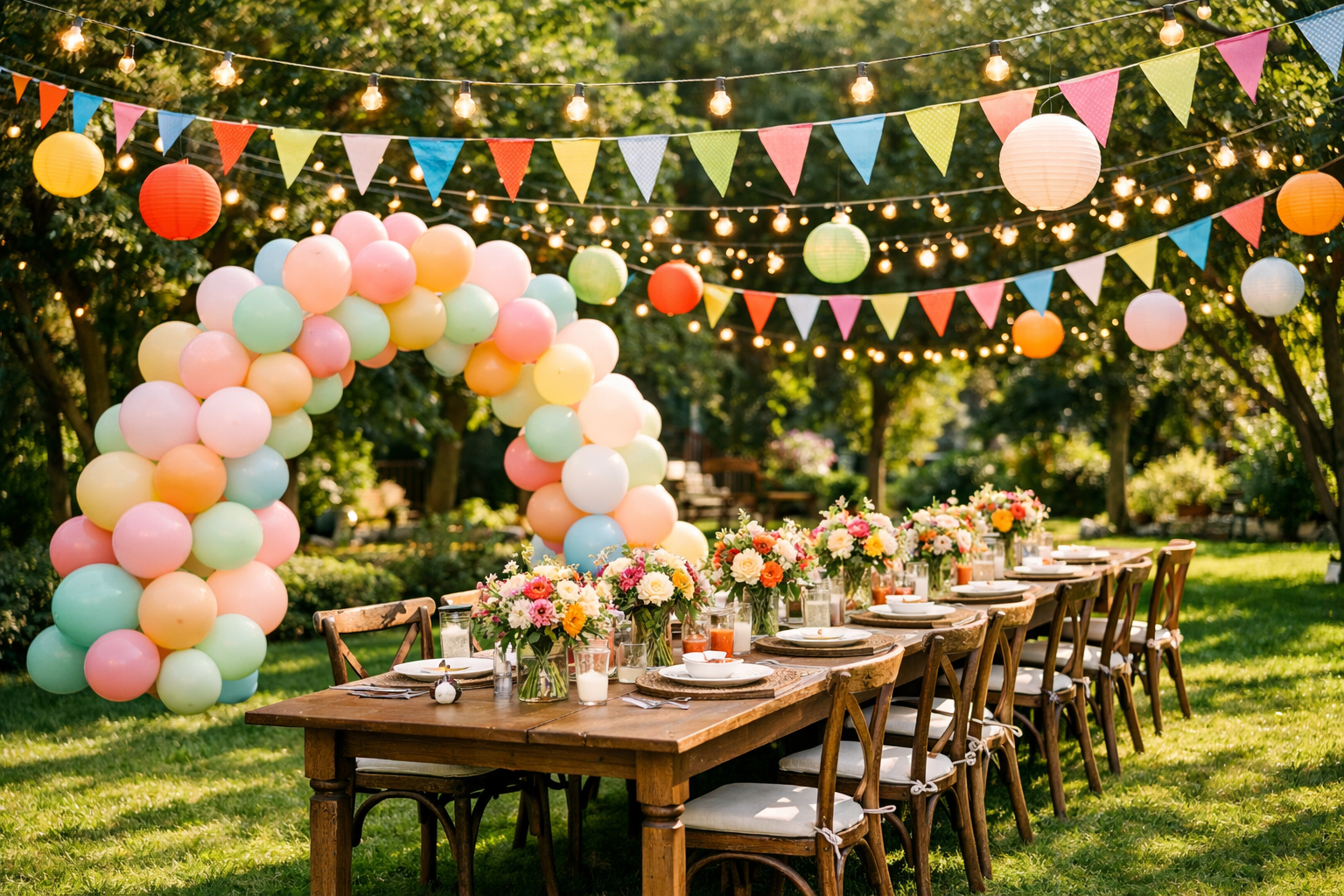 Festival dekorasyonu ile suslenmis acik hava kutlama alani
